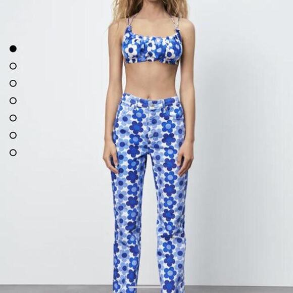 Zara Jeans Size 4 Blue White Flowers High Rise Straight Flat Front Pants Denim - Picture 1 of 13